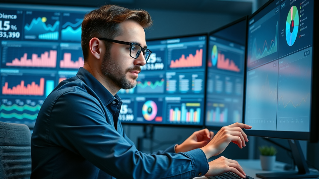 savvy digital marketer configuring audience targeting on advertising dashboard, interacting with demographic and behavior graphs, workstation with audience data, eye-tracking data, audience maps, deep blues, bright lighting