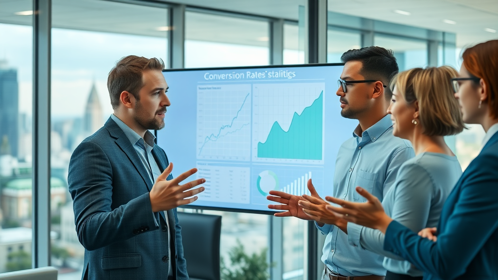 sales funnel optimization business team analyzing conversion rates on digital screen, upward-trending graphs