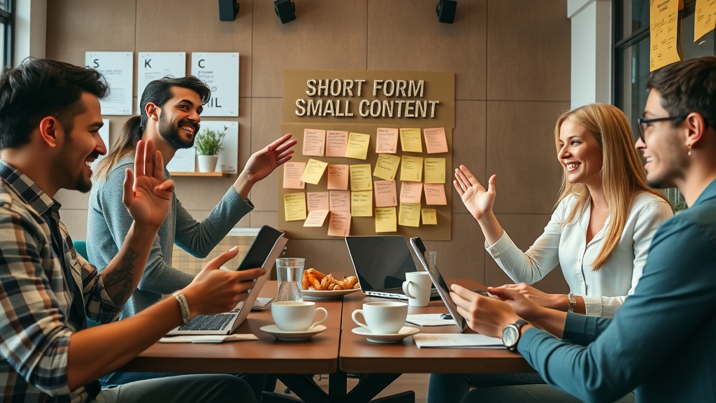 marketing team collaborating and celebrating short-form video campaign wins in digital space