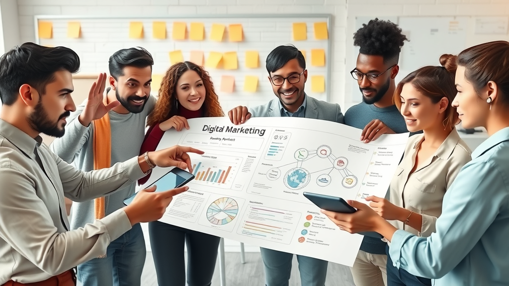 Team collaborating on a digital marketing plan, mixing paper blueprints and digital tablets