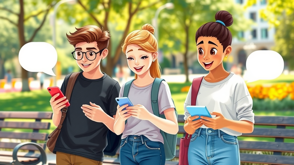 Gen Z individuals modern clothing viewing trending news stories smartphones online news platforms vibrant park