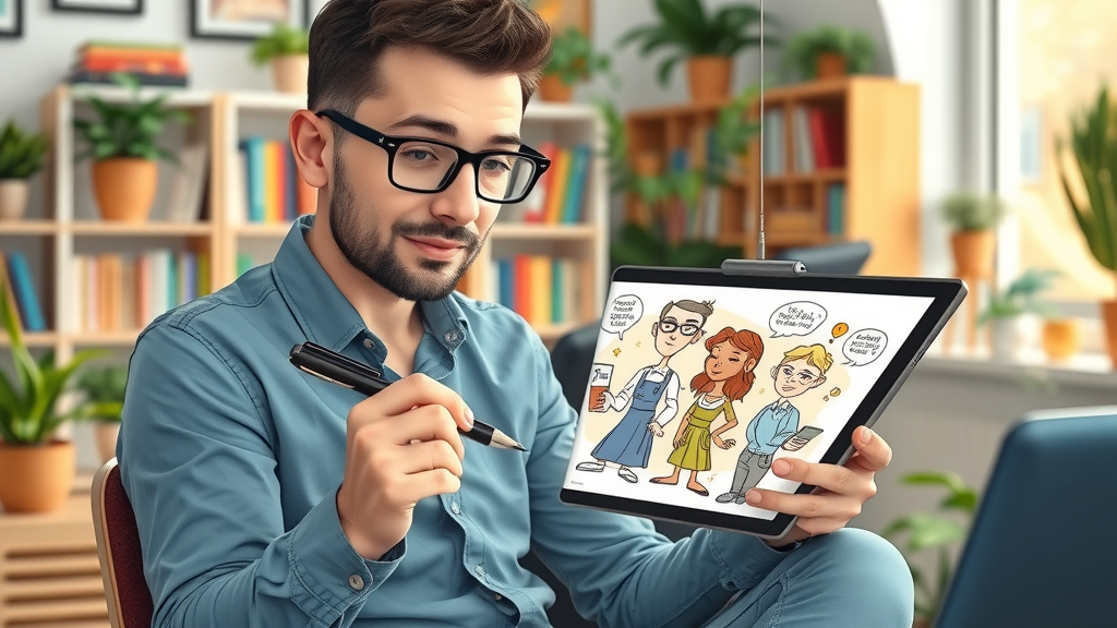 buyer persona marketer sketching detailed buyer personas for lead nurturing in a color-rich office