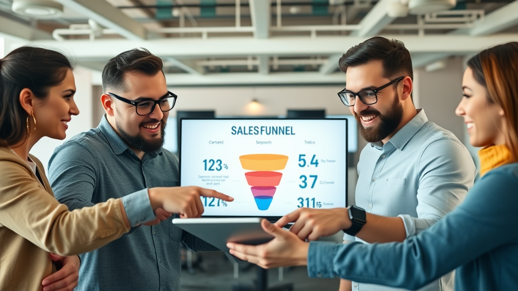 Energetic sales team points at a detailed step-by-step sales funnel diagram, lead generation process