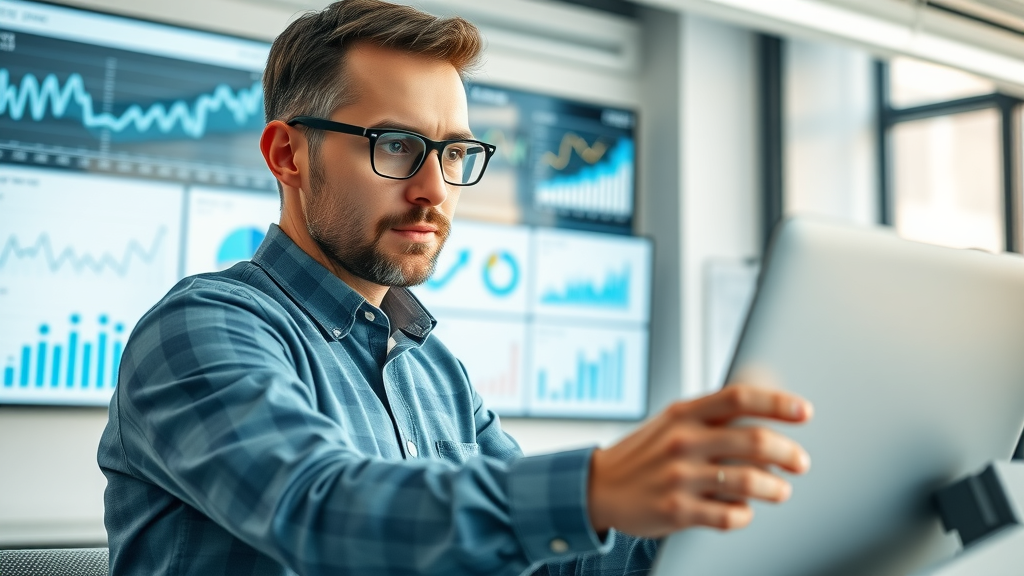 dynamic digital publisher analyzing pay-per-click dashboard, focused, engaging with multiple devices and graphical charts, modern office, screens displaying analytics, highly detailed, graphs and data visualizations, clear white and blue color palette, soft daylight