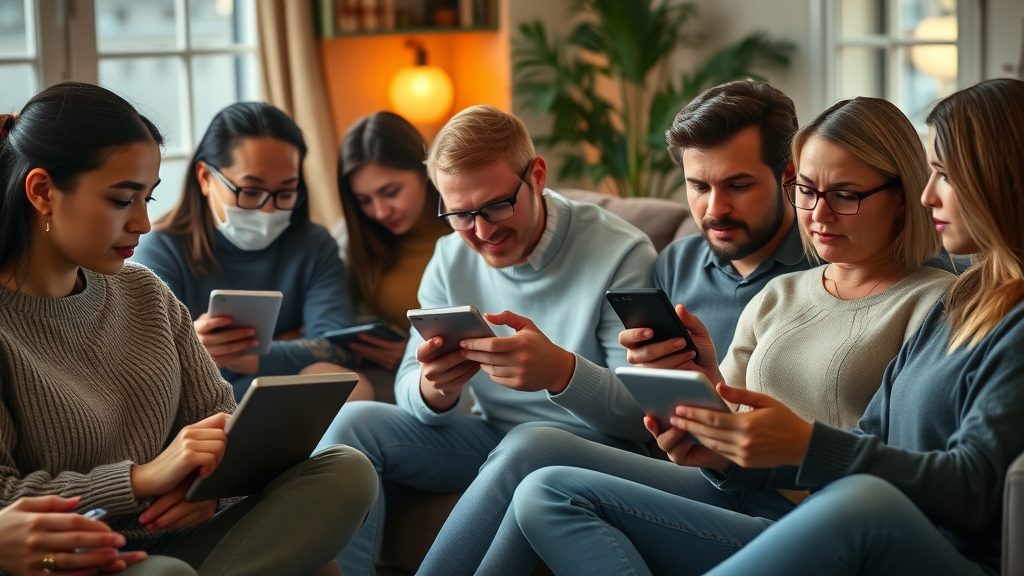 content creation process diverse audience engaging with blog posts and social media content on tablets and smartphones