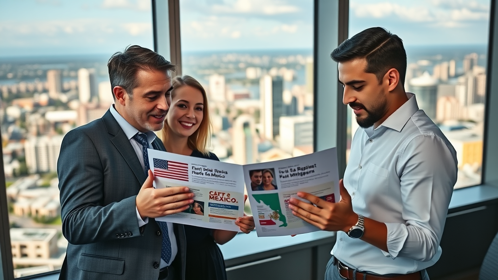 US and Mexico business professionals collaborating on a bilingual digital marketing strategy