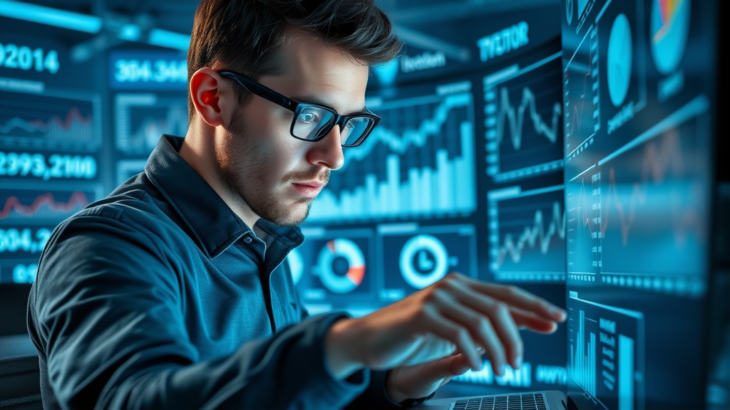 Focused digital journalist analyzing interactive data journalism visualizations and statistics for independent journalism online