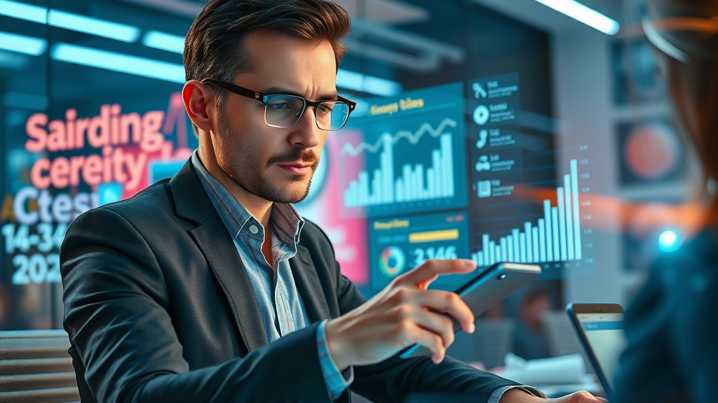 mobile ad optimization with high-tech workspace, marketer analyzing mobile ad performance charts