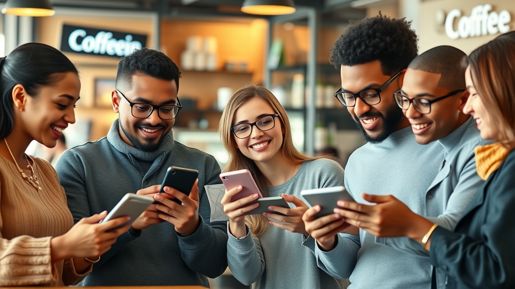 user-generated content platforms modern diverse consumers engaging with digital devices in a coffee shop, lively and optimistic