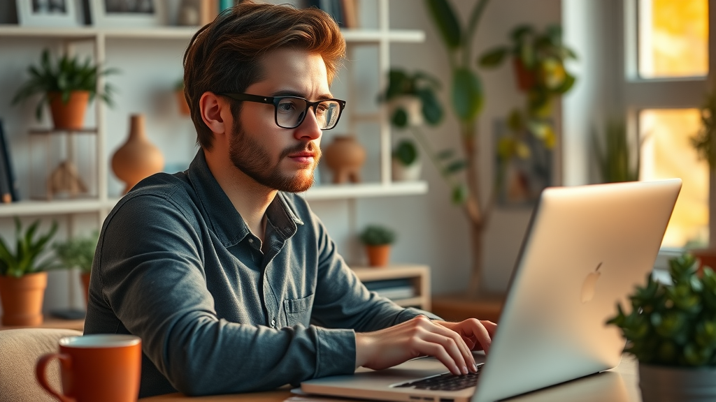 aspiring affiliate marketer researching niches on laptop, cozy home office, affiliate marketing strategy planning