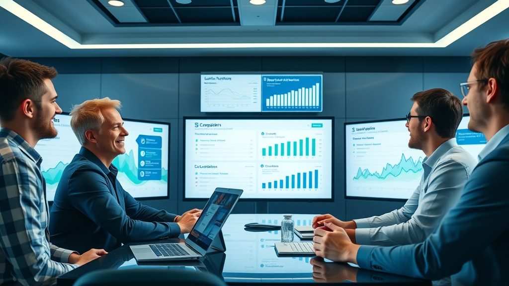 Marketing team celebrating successful digital campaign with analytics and testimonials on screen