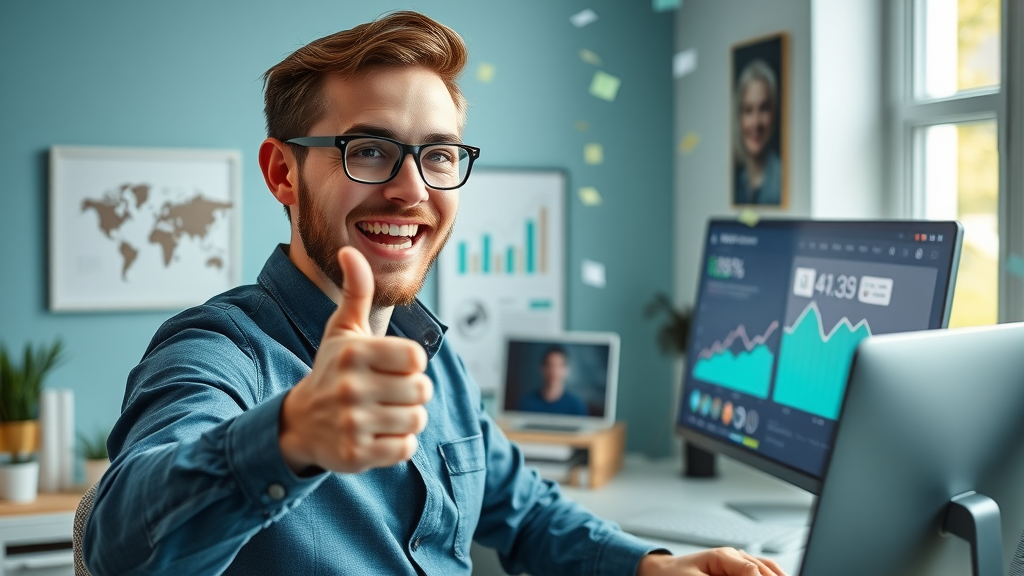 Social media marketer celebrating Instagram reels promotion success and rising engagement