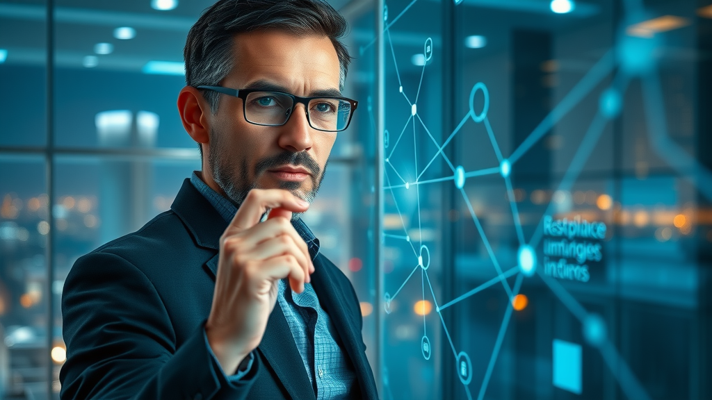 Insightful marketing strategist drawing connections on a transparent digital screen, understanding lead generation tactics