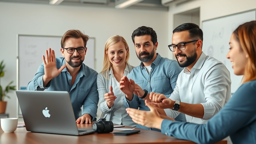 content creation process modern office workspace, confident content creators brainstorming and reviewing digital content in a contemporary office with laptops and whiteboards, natural daylight