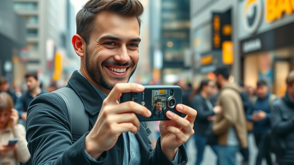 mobile video marketing dynamic mobile marketer capturing cityscape with smartphone, people using mobile devices in urban daylight