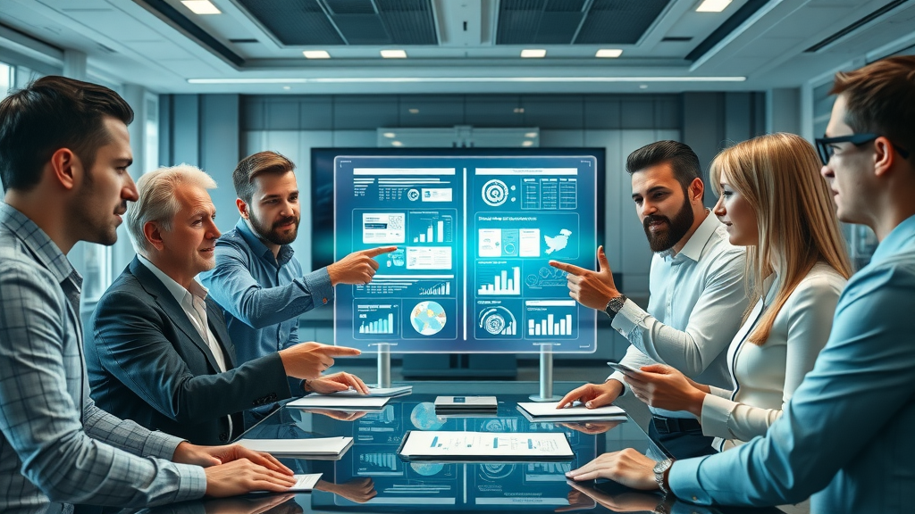 High-stakes marketing meeting showing traditional vs digital media platform advantages using holographic displays and animated charts