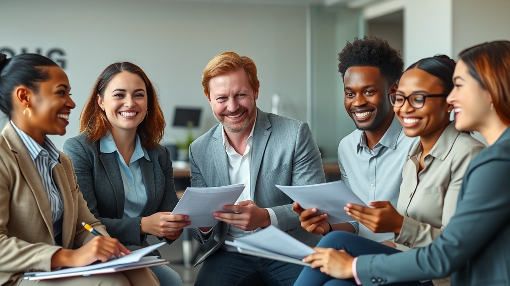confident diverse group of professionals discussing financial goals for property investment education in a modern office