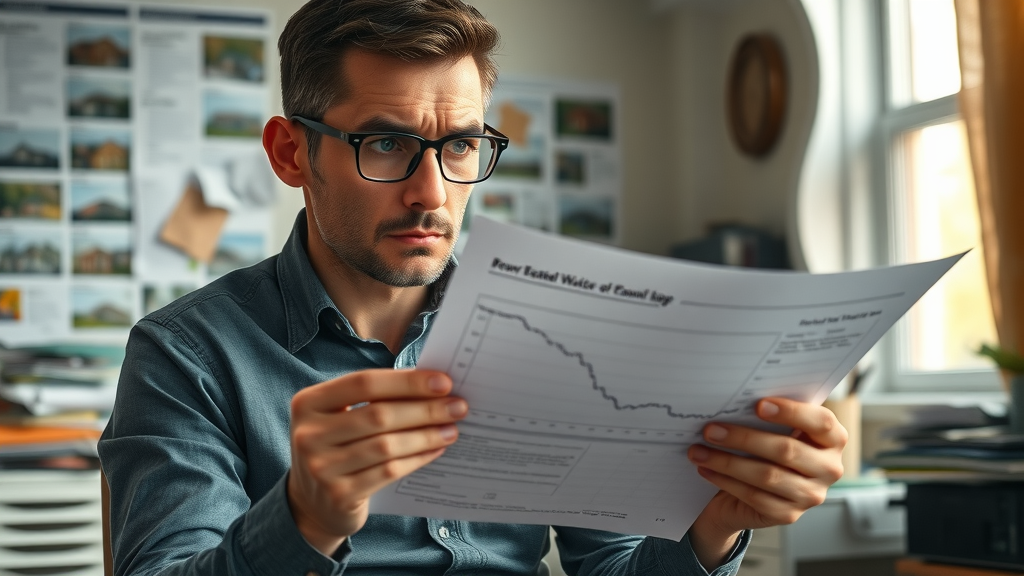 Worried real estate investor looking at property value charts due to poor investment planning