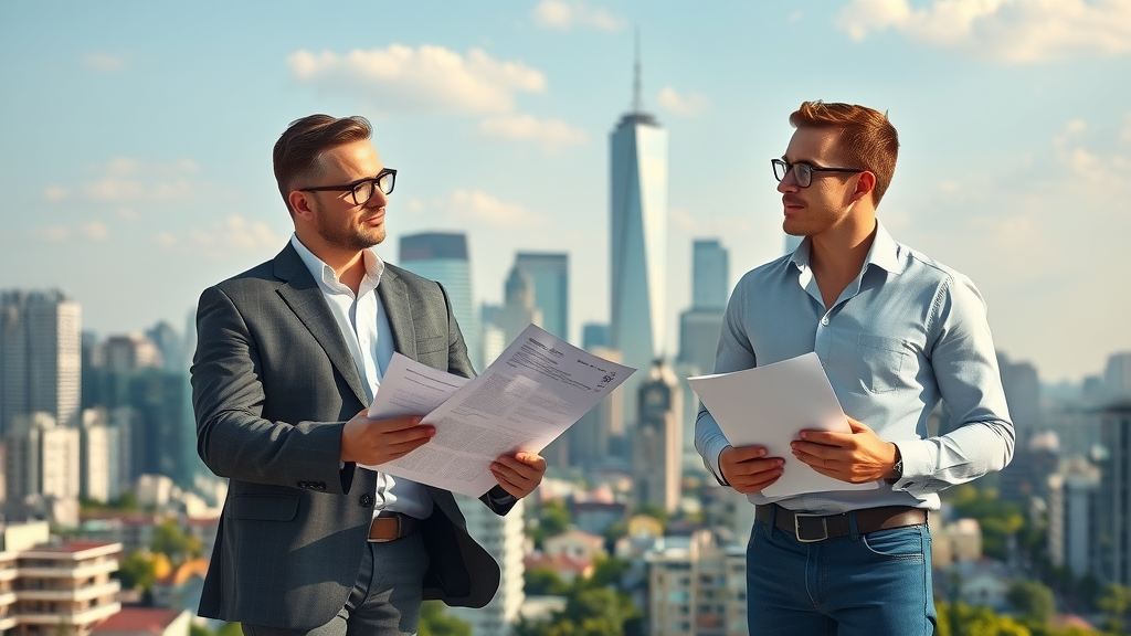 investment property tips: modern city skyline with confident real estate investors discussing property strategies