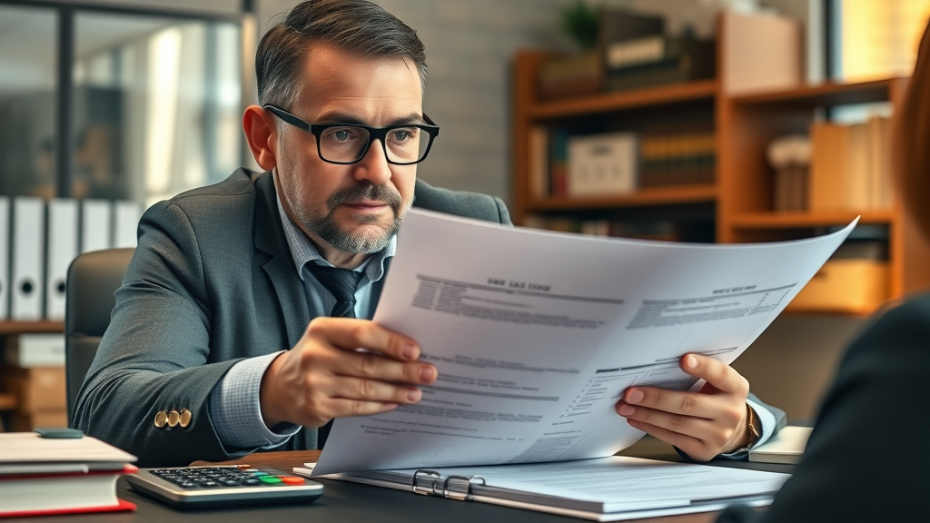 real estate investor: reviewing property tax documents with accountant, legal and finance books visible