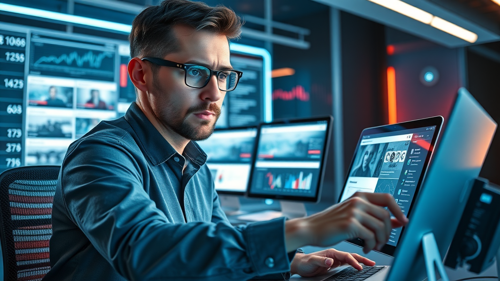 Traffic monetization strategies web developer reviewing ad placements on device screens, futuristic workspace, neon lighting