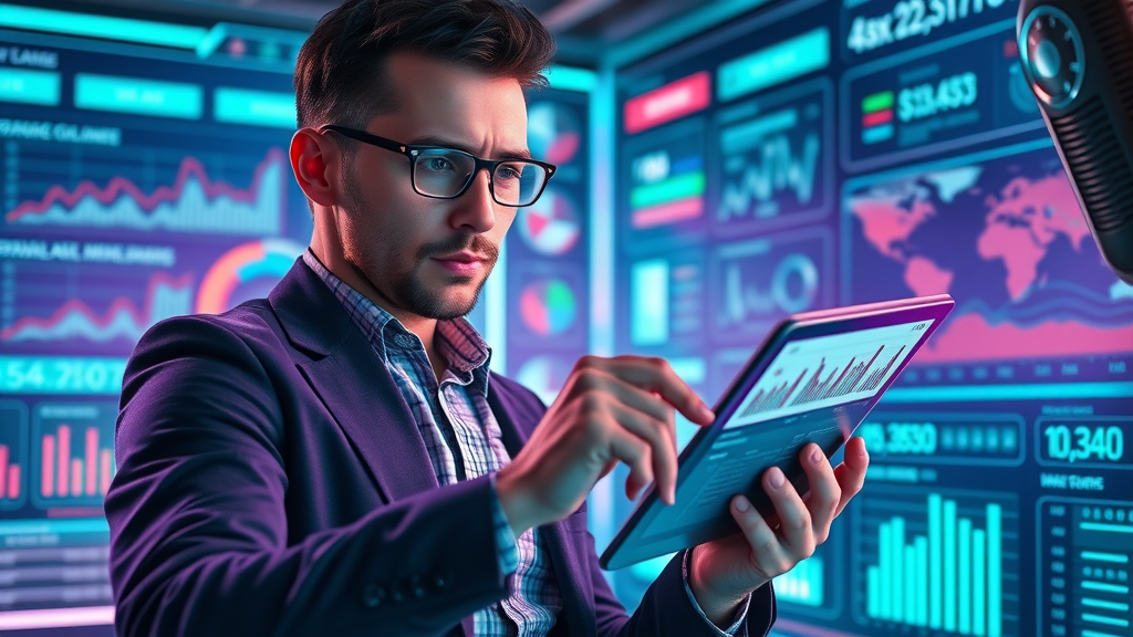 Marketer optimizing digital advertising charts and conversion rates in high-tech setting