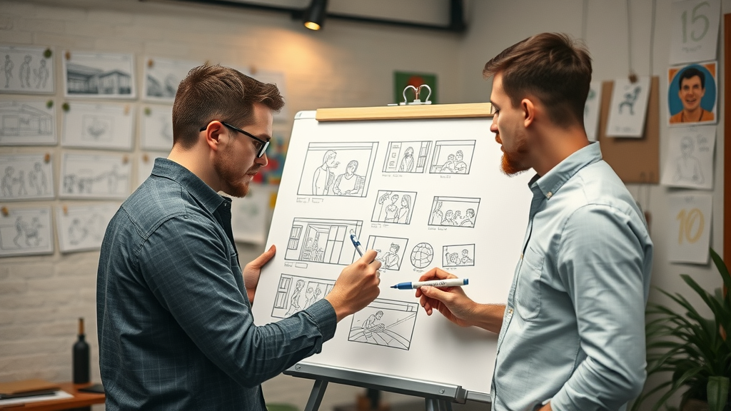 Two professionals drafting video scripts and storyboard for video marketing strategy