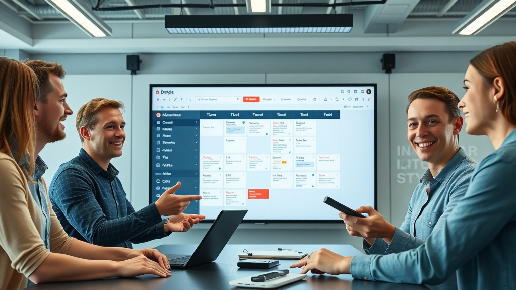 editorial calendar content creation process, marketing team reviewing deadlines on interactive digital calendar screen in a modern meeting room