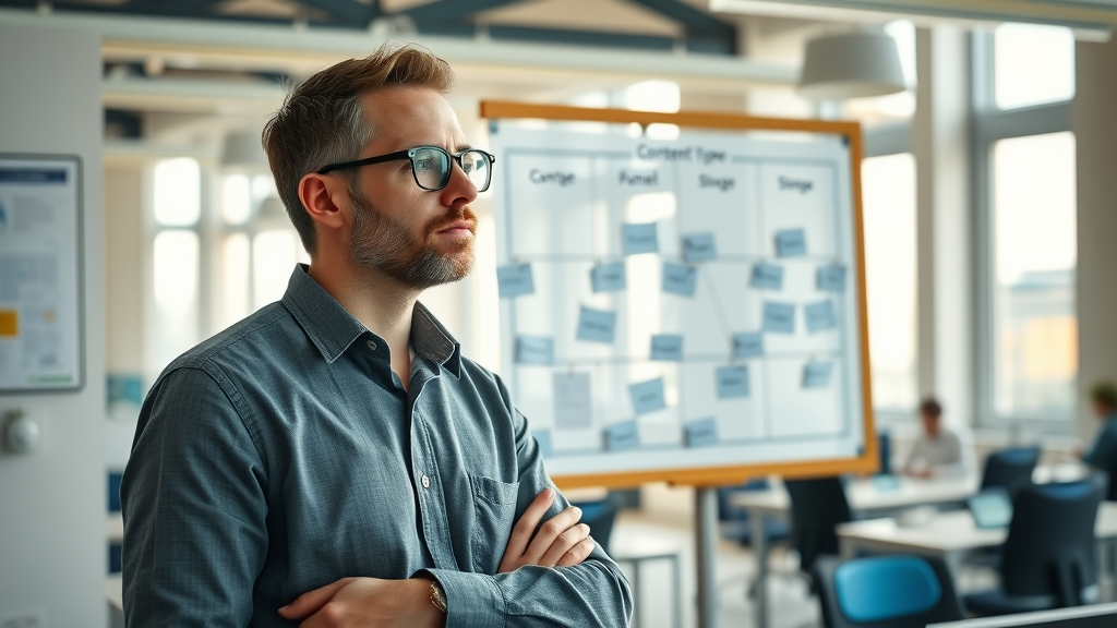 sales funnel strategic analyst mapping content types and icons for effective lead nurturing at every stage