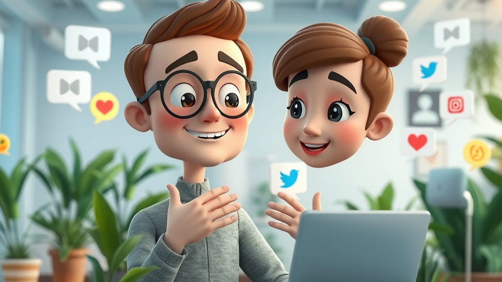 Friendly brand representative building trust on social media platform, open communication and digital engagement in modern office