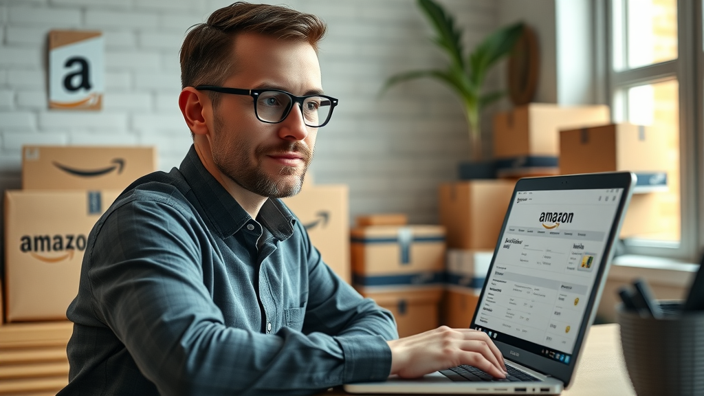 professional reviewing Amazon Associates affiliate stats, organized workspace with Amazon parcels