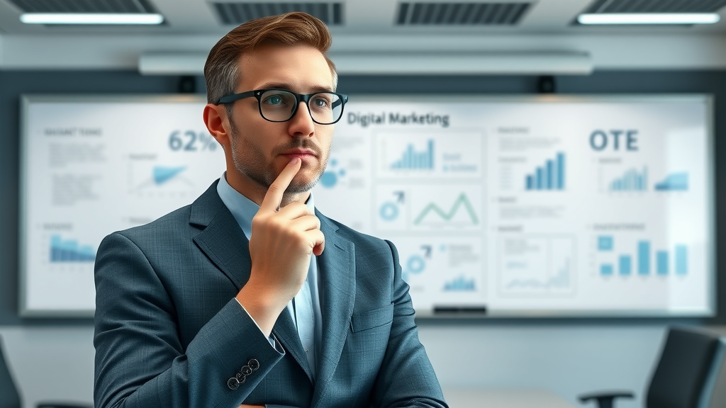 Confident digital marketing expert sharing strategy insights in a modern conference room