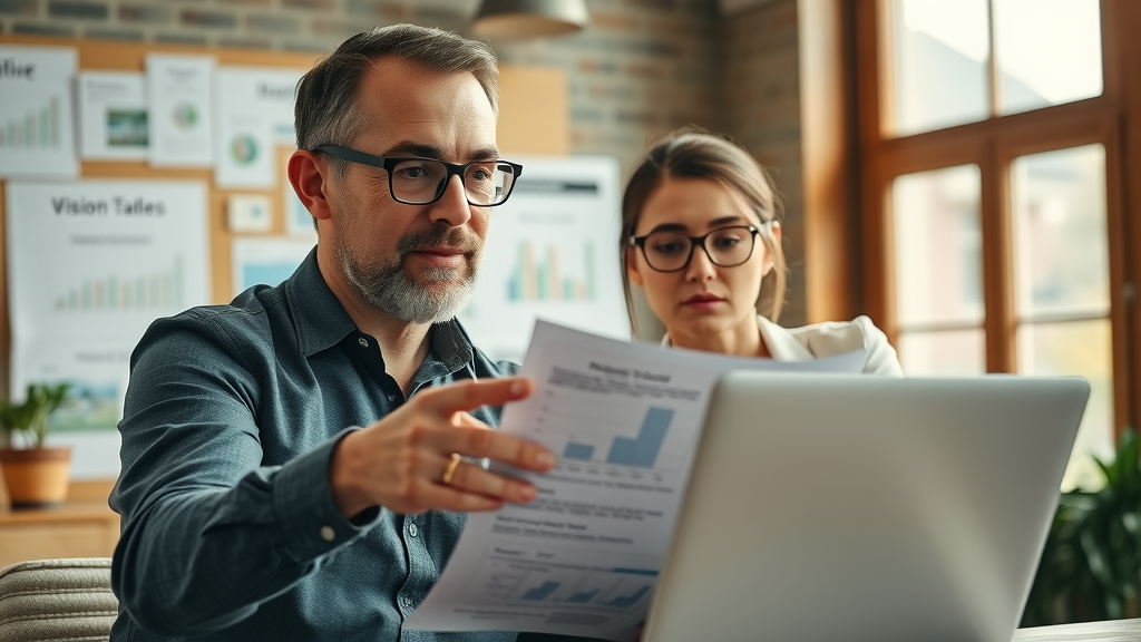real estate coach guiding an agent through business planning on a laptop