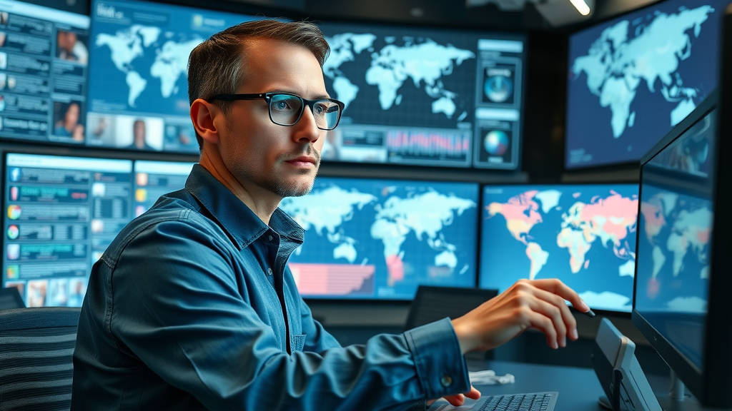 Digital marketing specialist using social listening tools for social media lead generation in a high-tech control room