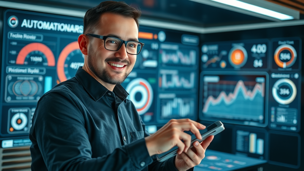 Lead generation tool automation dashboard with glowing UI. Professional uses tablet in high-tech workspace