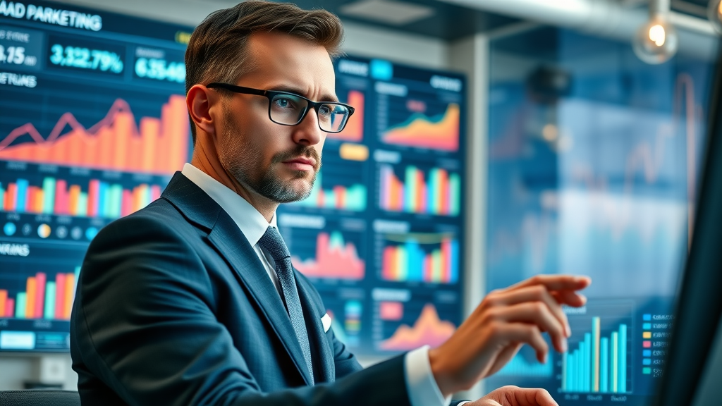 ad network optimization digital marketing dashboard showing ad performance metrics, charts, and graphs in a modern office