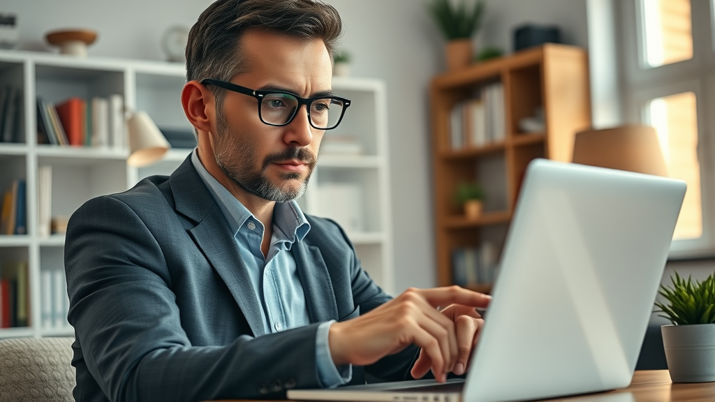 Professional comparing real estate mentorship program options on a laptop, analytical review, real estate mentor benefits