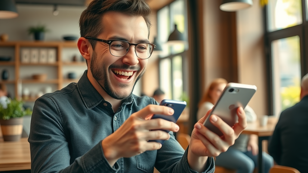 happy customer leaving a positive local business review on smartphone to boost SEO