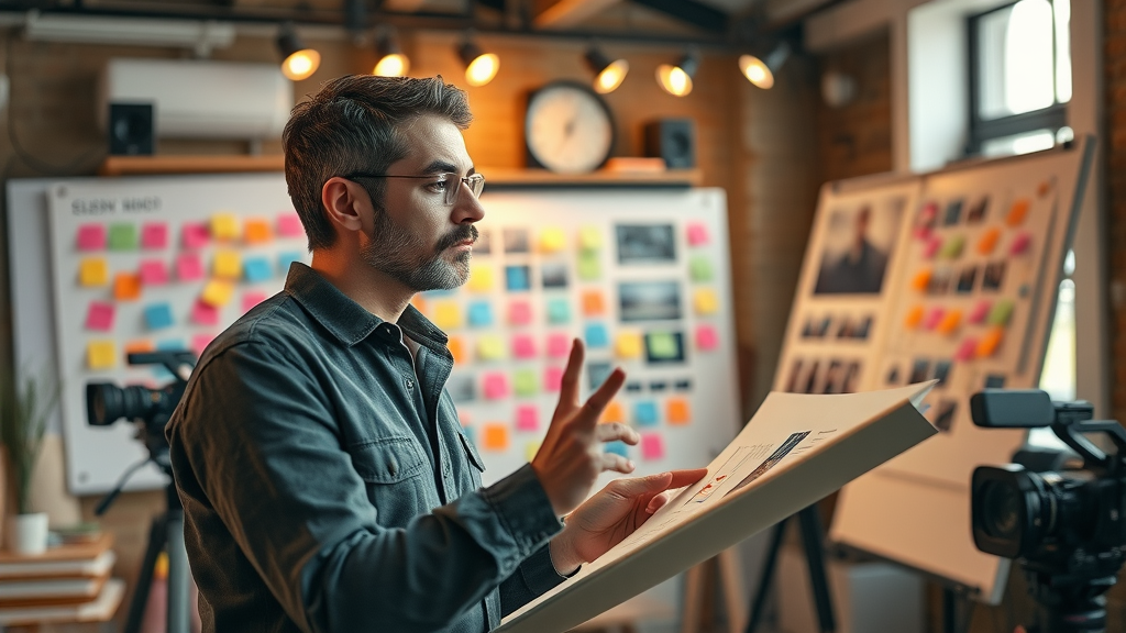 Creative director planning a video storyboard with video engagement metrics