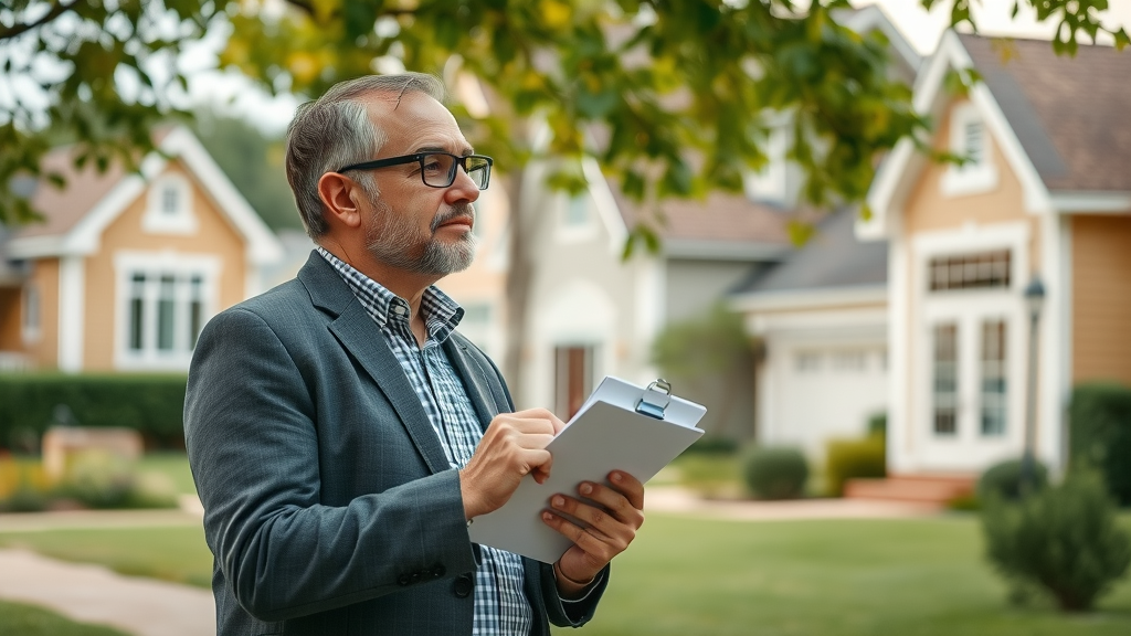 confident investor utilizing real estate investment strategies while examining a residential property, taking notes in a vibrant suburban setting