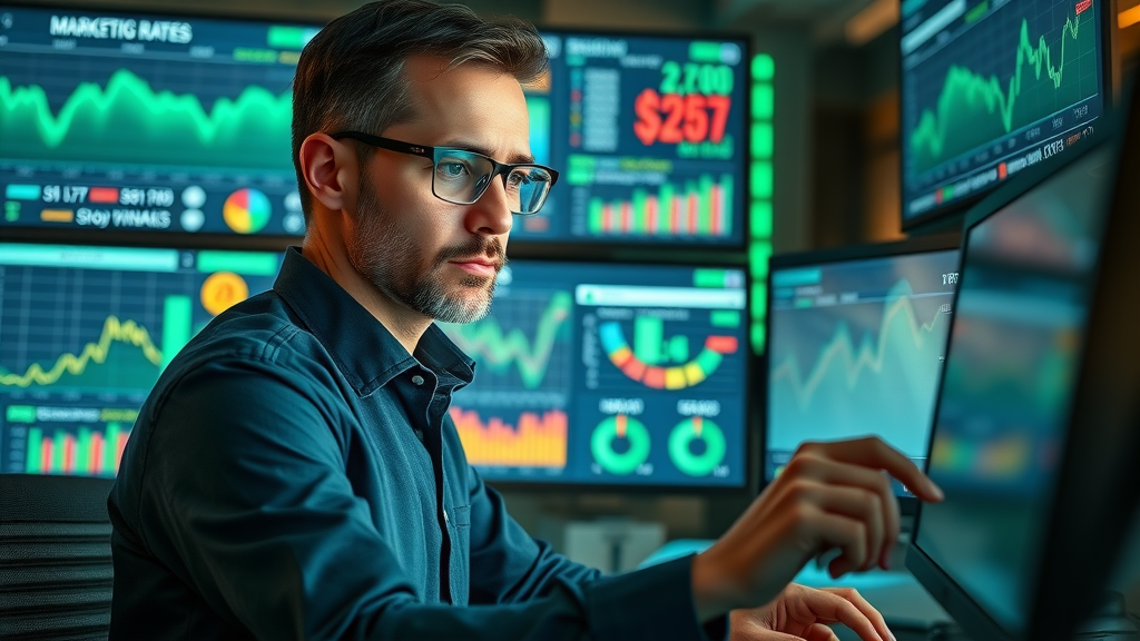 Marketing analyst reviewing online advertising metrics and conversion rate dashboards