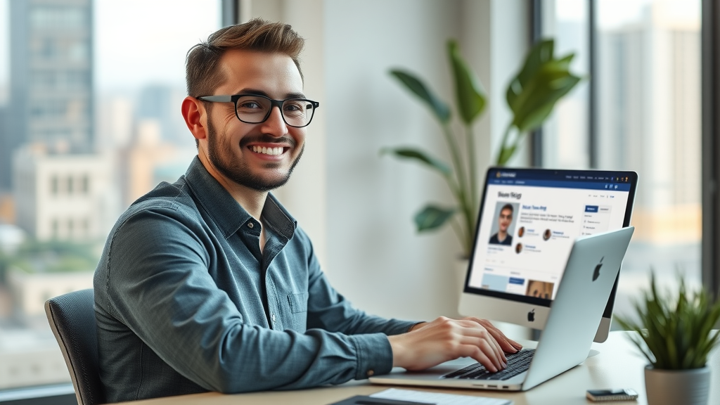 successful entrepreneur confidently managing both a social media platform on a laptop and an owned website dashboard on a desktop, satisfied expression, multitasking, Photorealistic High Fidelity Lifelike, modern minimalist home office with blurred background showing cityscape, highly detailed, subtle motion of screens lit up, neutral colors, natural daylight, shot with a standard lens.