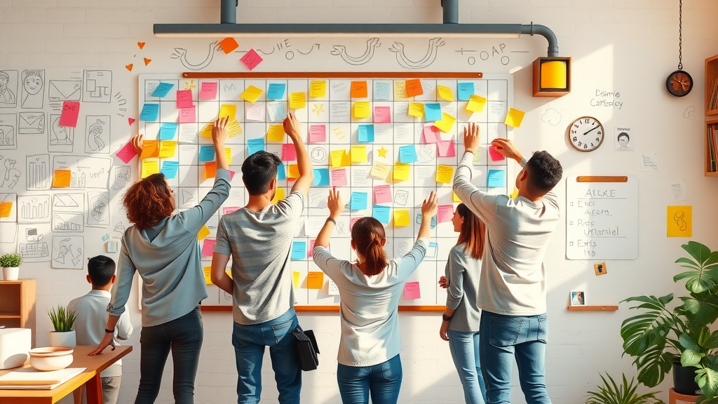 content creation process dynamic creative wall with content creators pinning colorful notes and brainstorming types of content in a lively studio