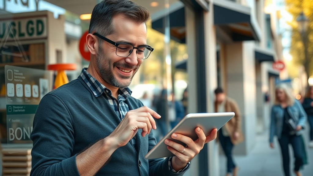 small business storefront owner updating Google Business Profile on a tablet for higher SEO ranking