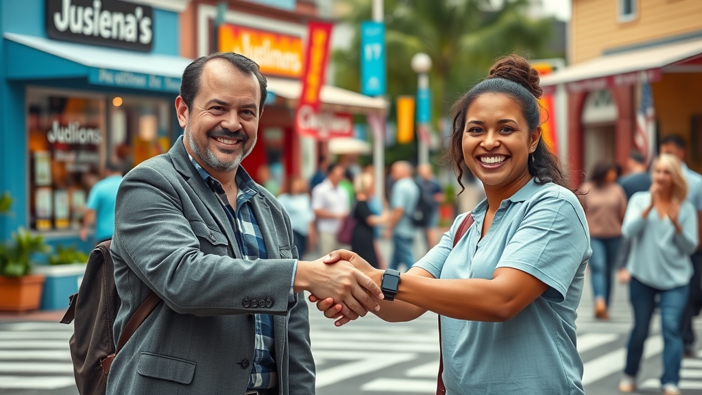 Friendly business owners shaking hands in front of colorful storefronts. Small business marketing through community engagement.