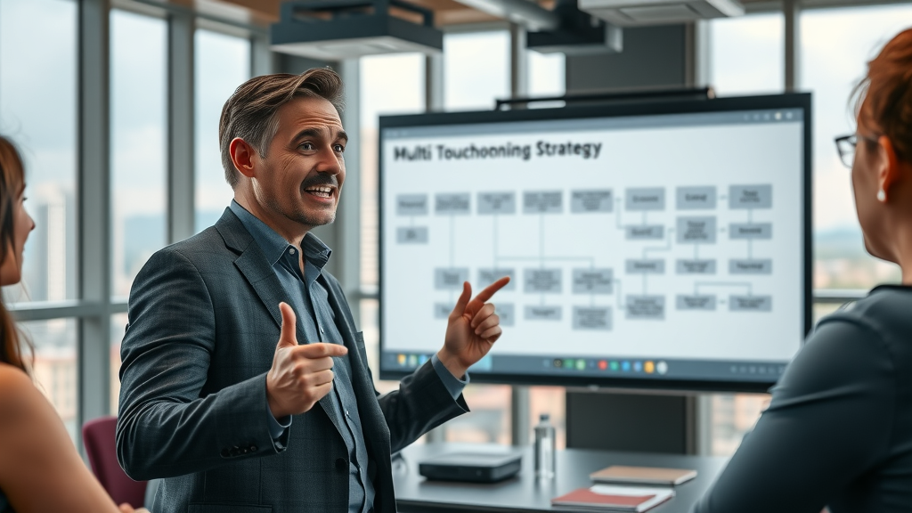 experienced B2B sales consultant presents a multi-touch lead nurturing strategy for extended sales cycles in a detailed modern boardroom