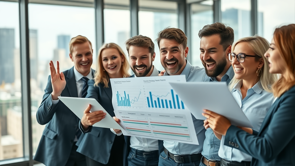 business team reviewing inbound lead generation analytics, city skyline background, excited expressions, digital marketing charts