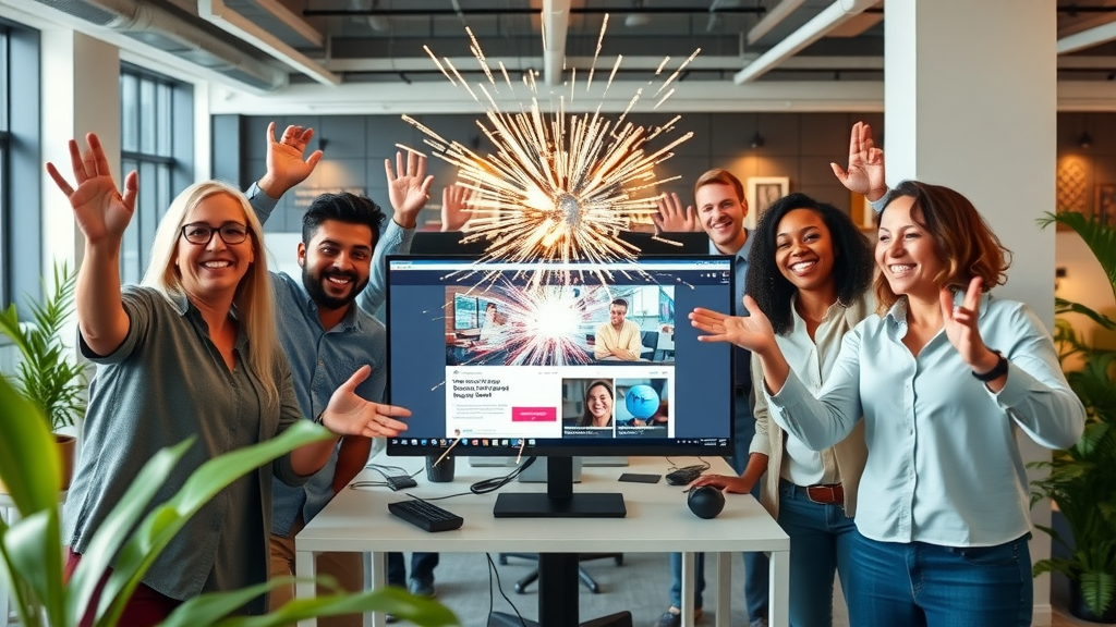 diverse marketing team celebrating successful website-based media launch