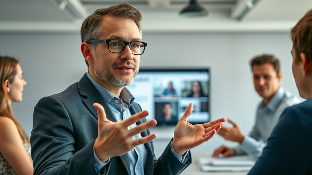 Professional content strategist presenting digital content brainstorming strategies to colleagues