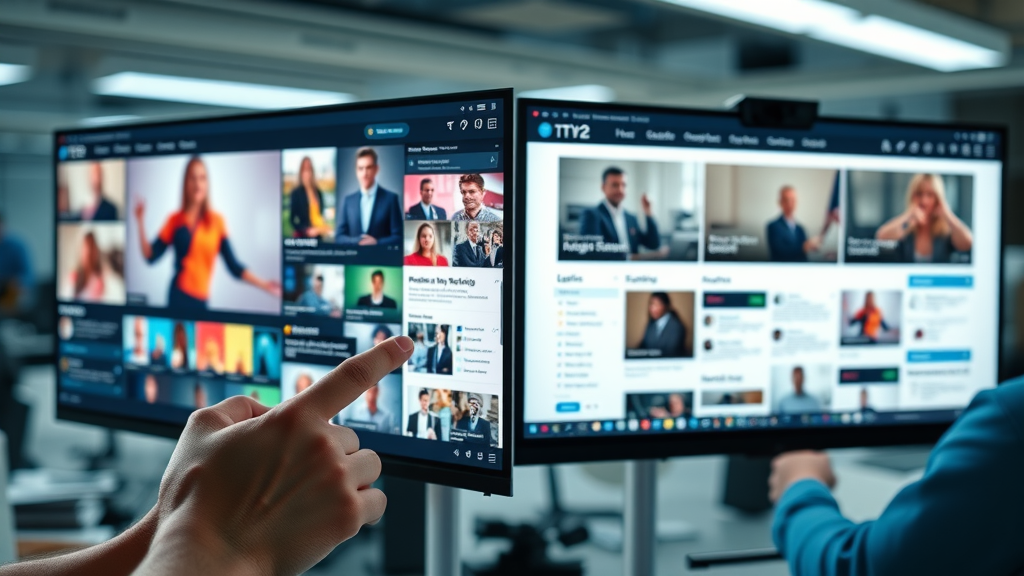 dynamic split-screen of a vibrant media platform interface on one side and a sleek, modern business website on the other, both bustling with user activity, Photorealistic High Fidelity Lifelike, office workspace background with subtle digital screens, highly detailed, subtle motion blur of scrolling and clicking, sharp focus, cool-toned color palette, soft ambient lighting, shot with a wide-angle lens.